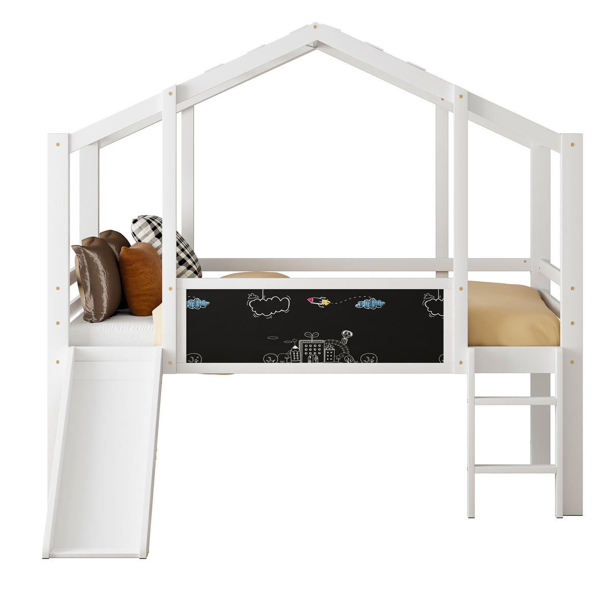 HOCHBETT 90/200 cm Dachboden-Design mit Rutsche und Tafel Weiß mit Matratze - Weiß, Holzwerkstoff (90/200cm) - OKWISH