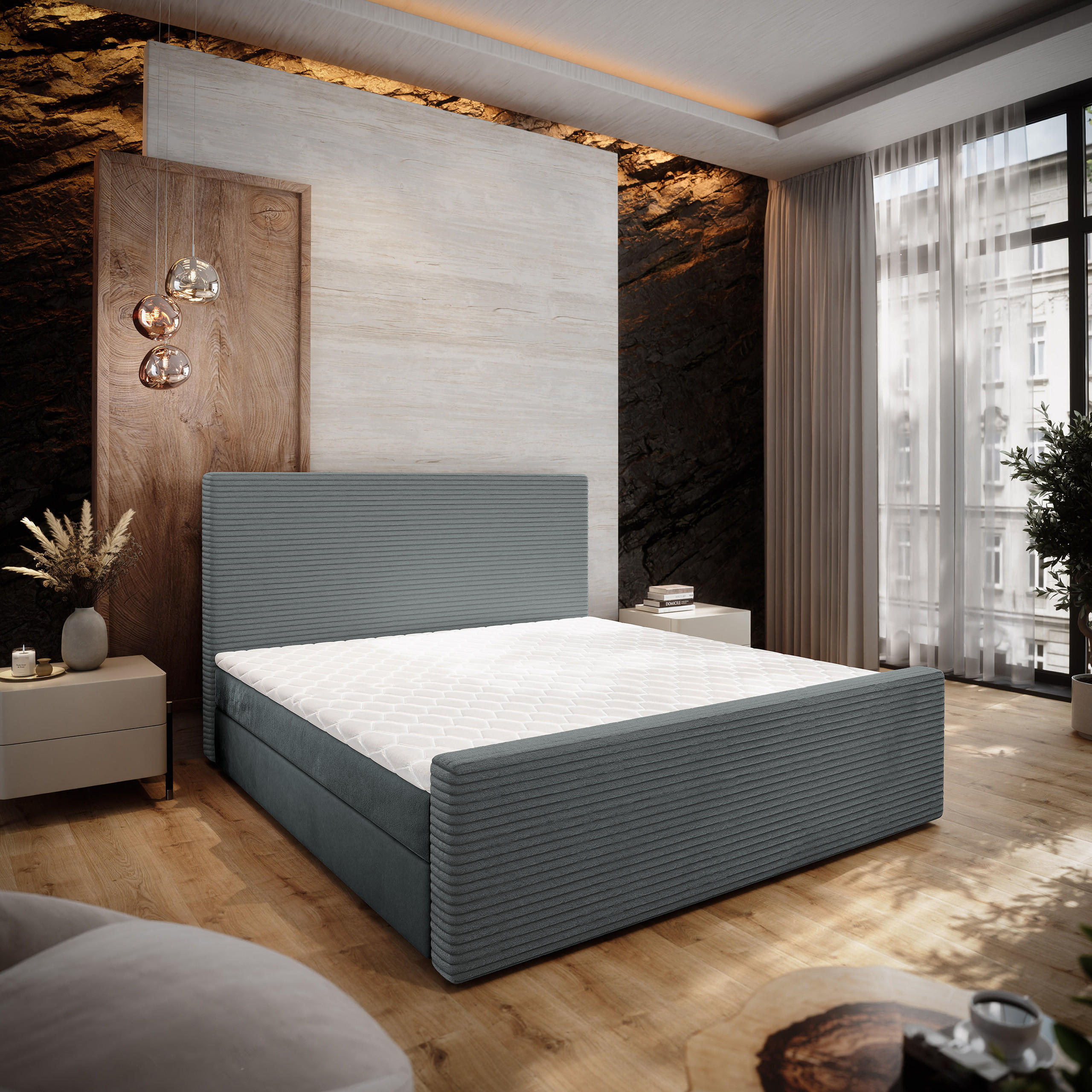 BOXBETT ALORIA 140x200 cm mit Matratze und Topper - Grau - Grau, Holz (140/200cm) - MASSENO