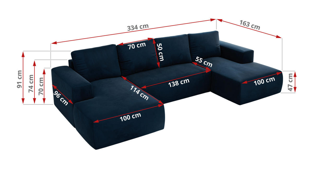 WOHNLANDSCHAFT TRENTINO U Dunkelblau Velvet - Dunkelblau, Textil (334/91/163cm) - MKS