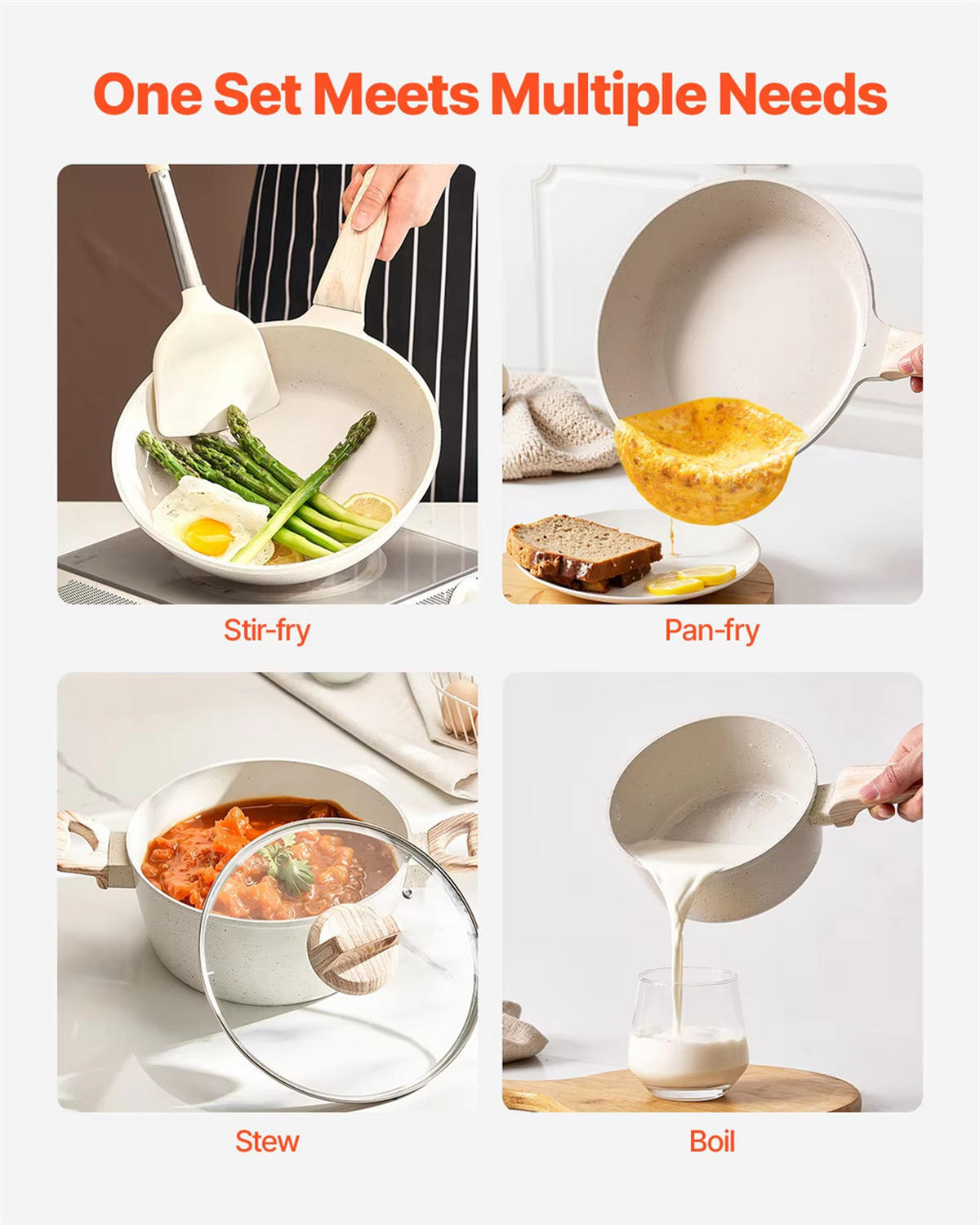 KOCHTOPFSET 17-teilig Induktion Antihaft Glasdeckel - Beige, Metall - Bextcok
