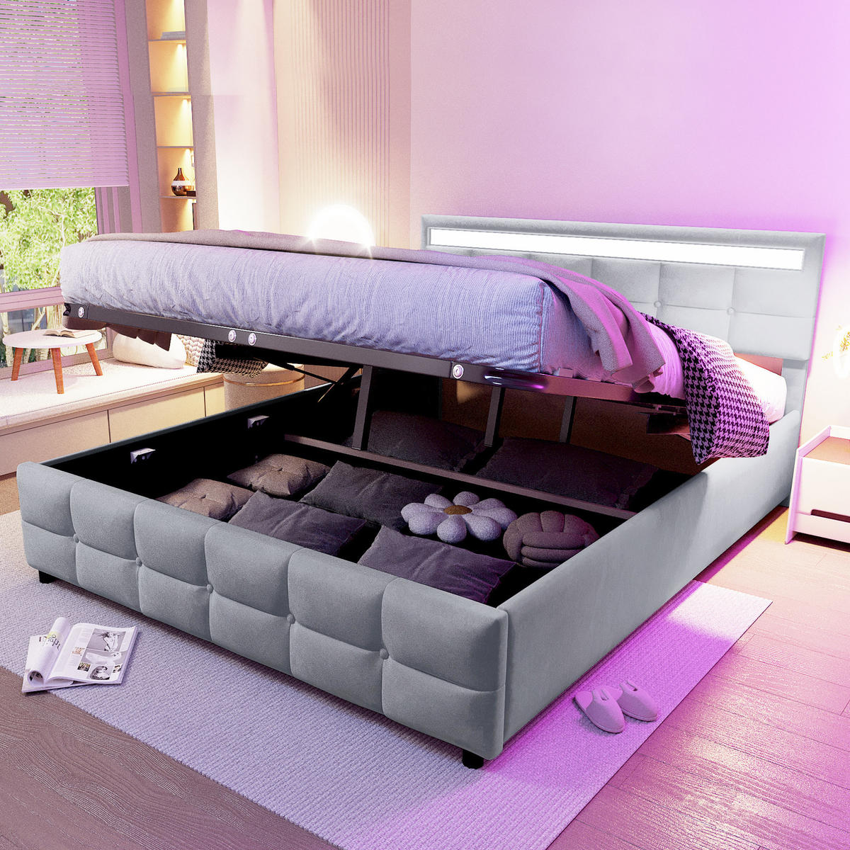 POLSTERBETT mit LED und Stauraum 180x200 cm Samt Grau - Grau, Metall (180/200cm) - Meubliv