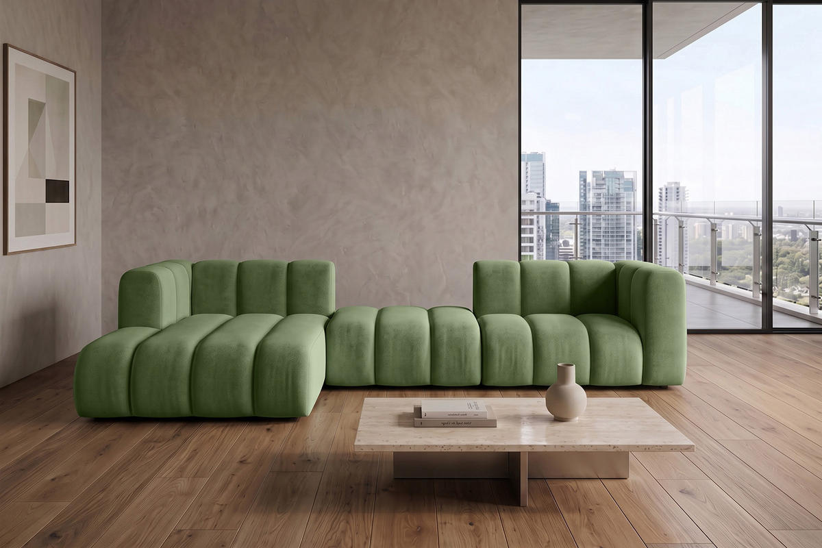 ECKSOFA Modulares In L-Form, Velvet-Stoff Riviera, Olive, Links, GRAND 319 cm - Olivgrün, Holz (319/175cm) - Kaiser Möbel