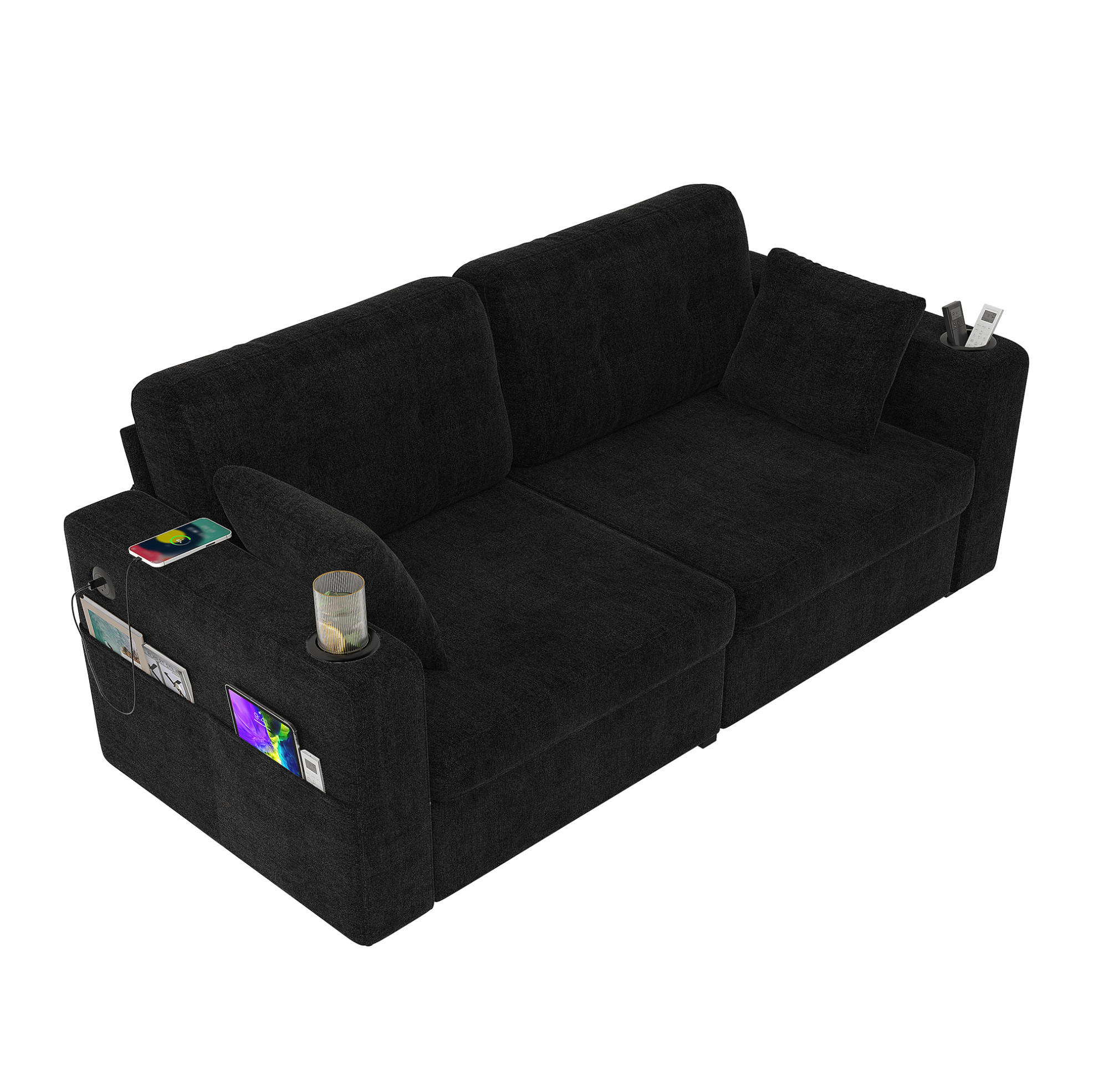 2-SITZER Sofa 172/75/82 cm mit USB-Anschlüssen, Stauraumschubladen und Getränkehaltern, Chenille, Schwarz - Schwarz, Textil (172/82/75cm) - Redom