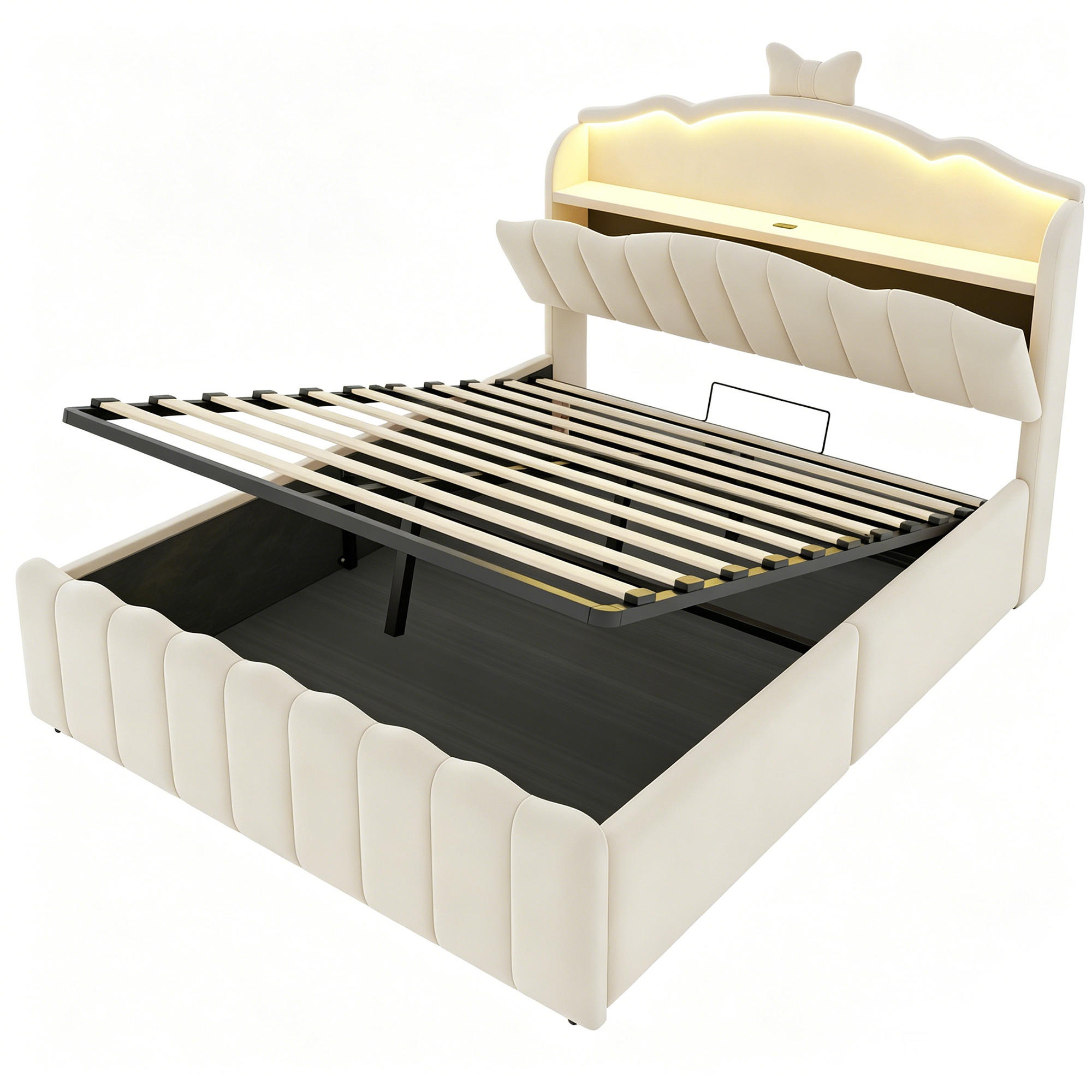 KINDERBETT 140/200 cm DE-32687 mit Hydraulik und LED Beige - Beige, Metall (140/200cm) - ComfortXL