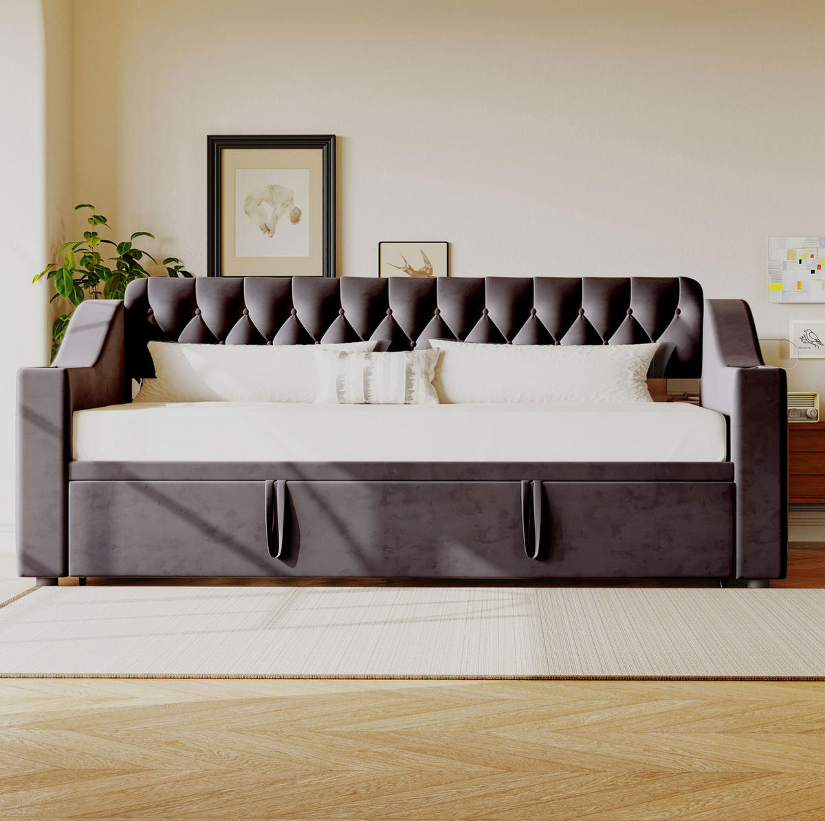 POLSTERBETT 90/180x190 cm aus Samt in Dunkelgrau mit USB- und Type-C-Anschlüssen - Dunkelgrau, Textil (90/190cm) - Flora Grace