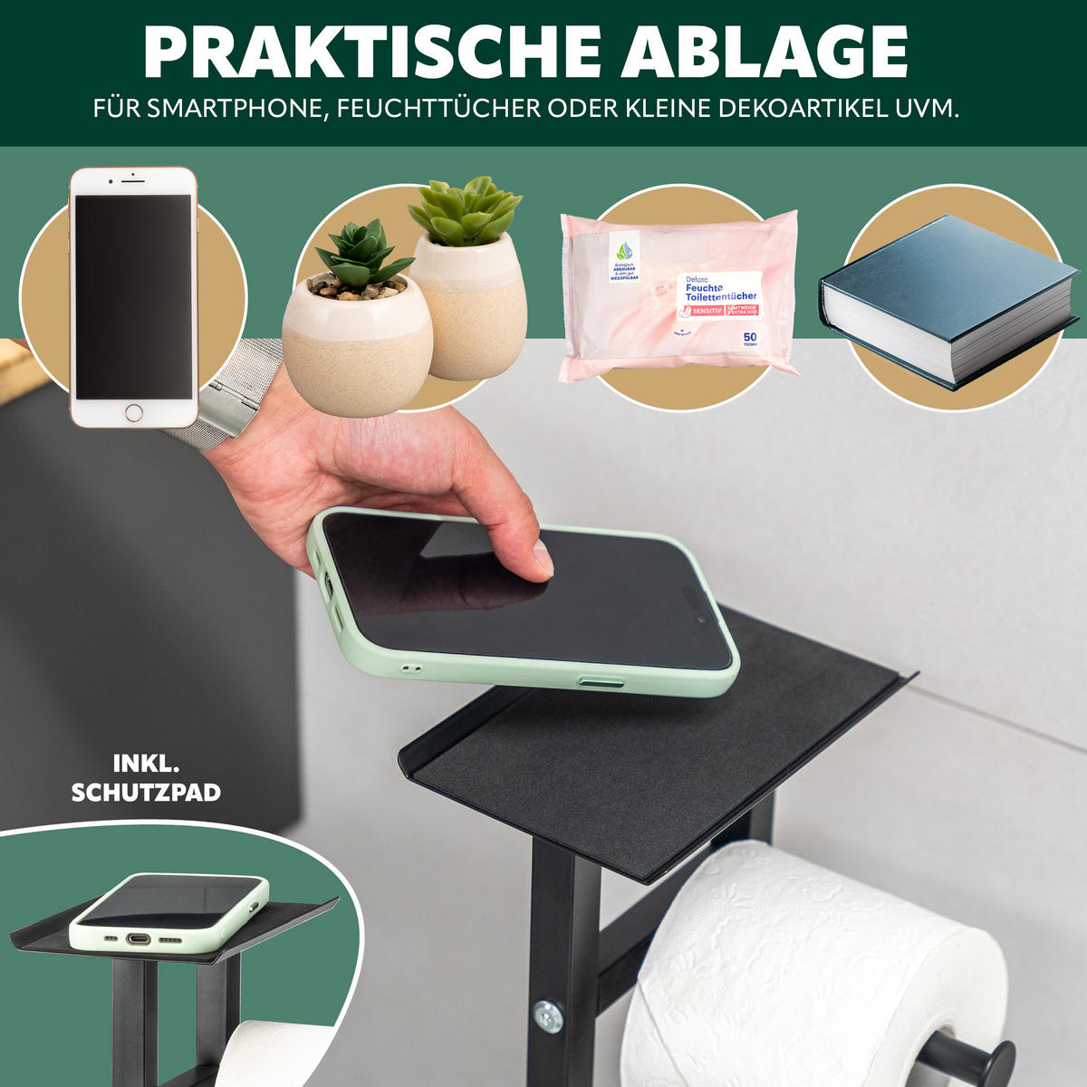 STAND-WC-GARNITUR 4IN1, schwarz - Schwarz, Metall (28/67/20cm) - eluno