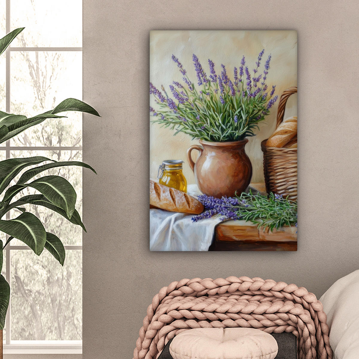 LEINWANDBILD Lavendel - Brot - Stilleben 60x90 cm - Flieder, Textil (60/90cm) - MuchoWow