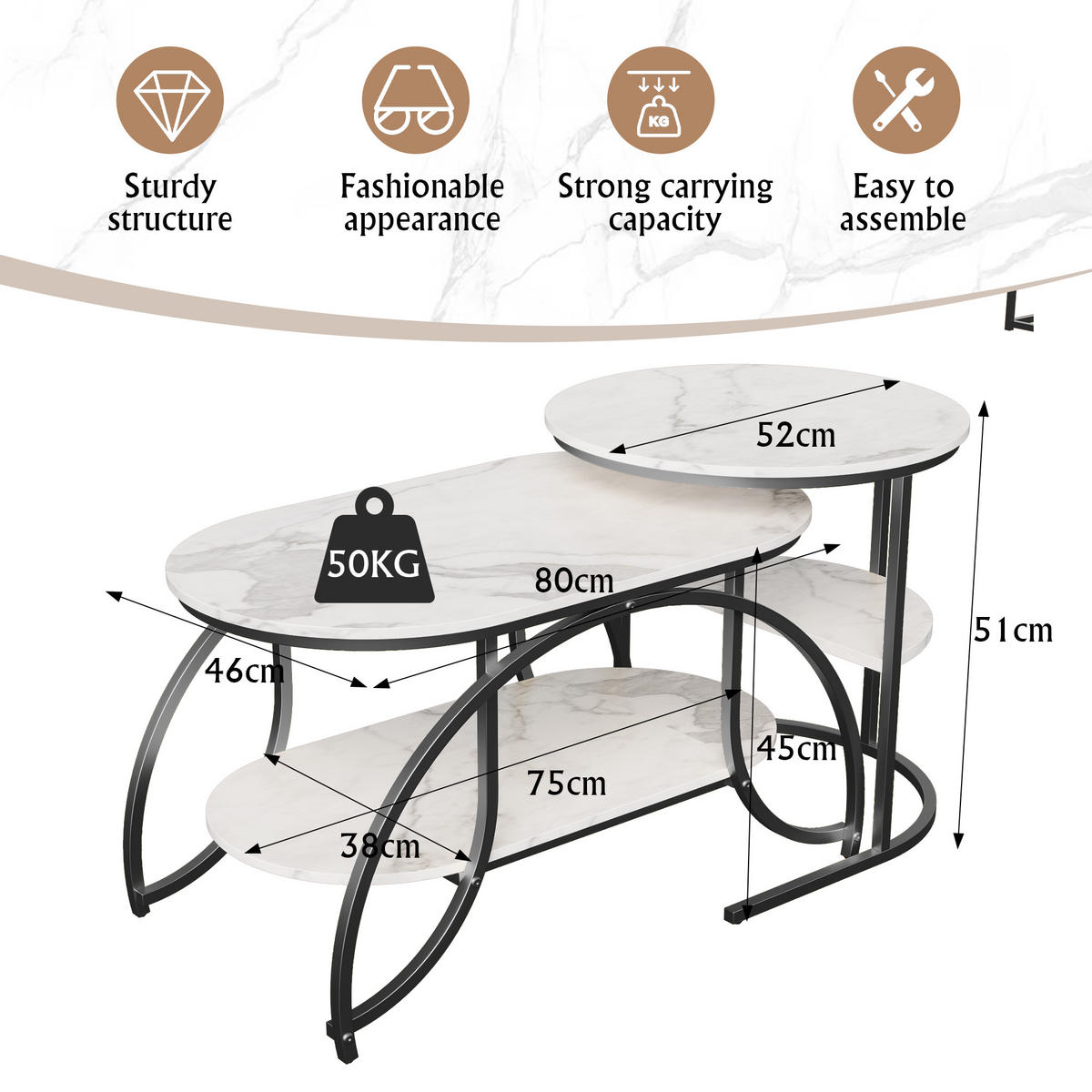 COUCHTISCH 2er Set rund Marmoroptik Metall schwarz weiß - Weiß, Holz (46/80/45cm) - LEBENLANG