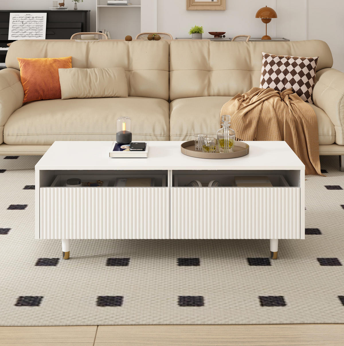 COUCHTISCH mit LED und 2 Schubladen 110 x 50 x 40 cm MDF Weiß - Weiß, Holz (100/50/40cm) - Meubliv