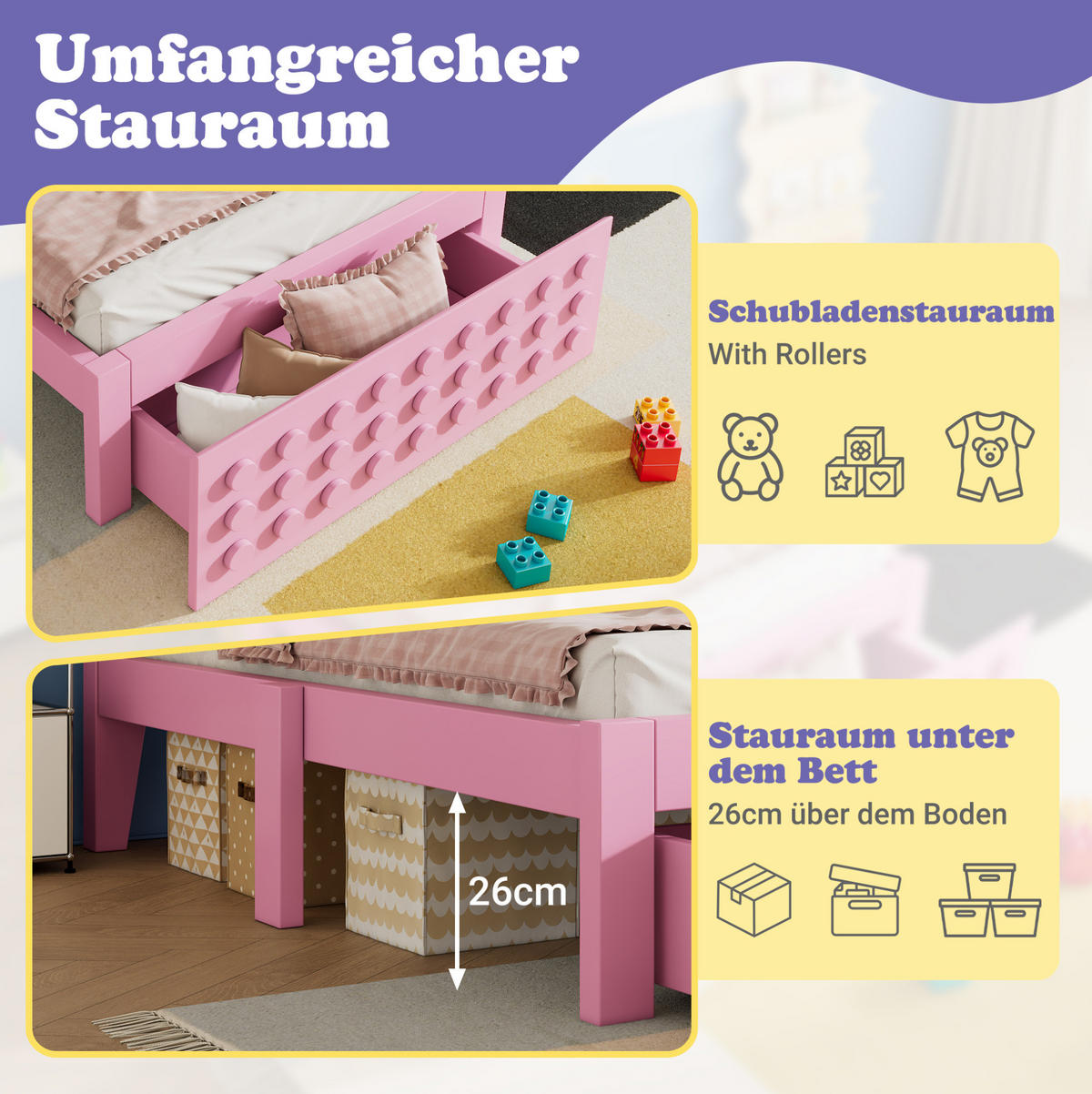KINDERBETT 90/200 cm aus Holz mit Schublade und Blockdesign Rosa - Rosa, Holz (90/200cm) - Modenvie