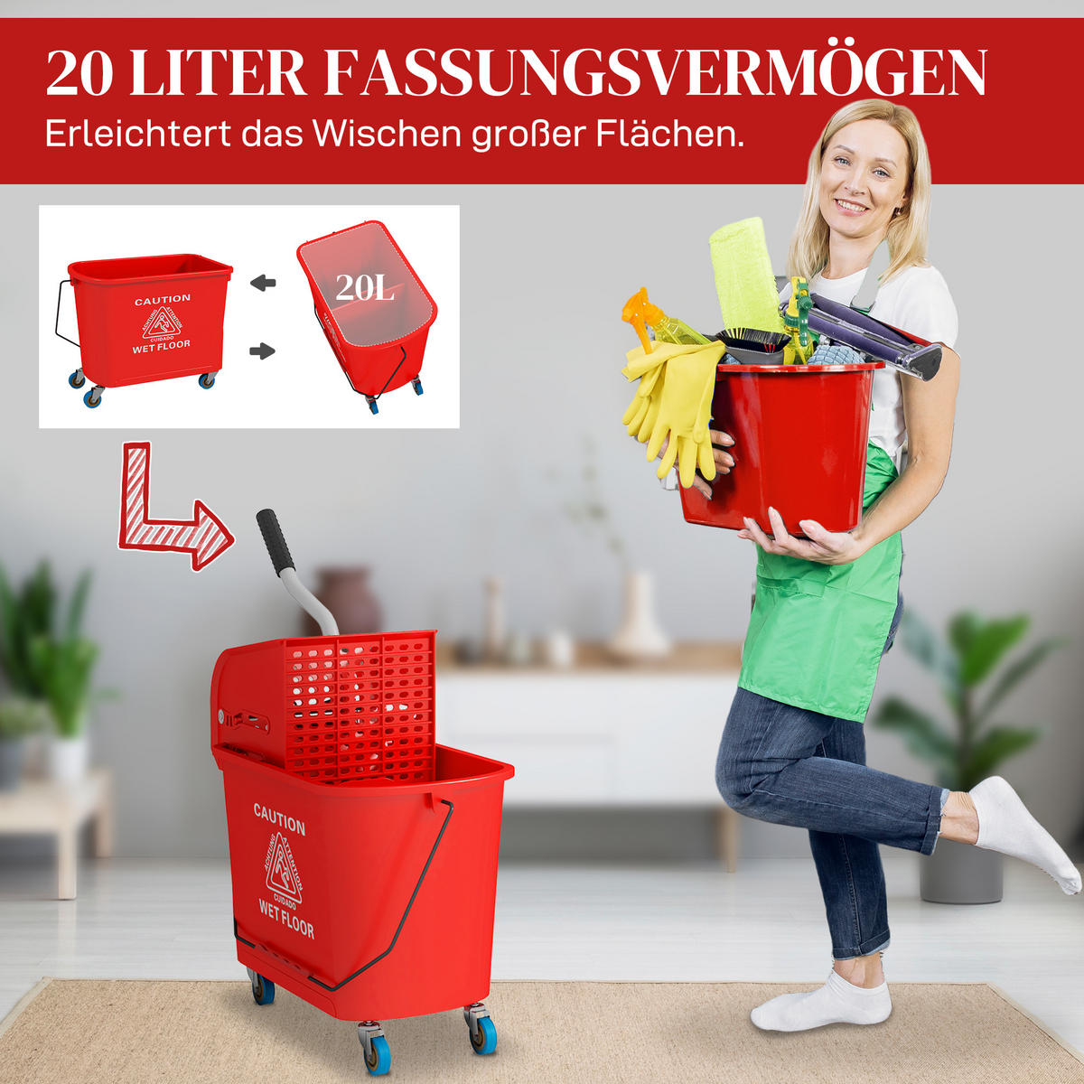 PUTZWAGE Kunststoff Rot - Rot, Kunststoff (27/70.5/60cm) - HOMCOM
