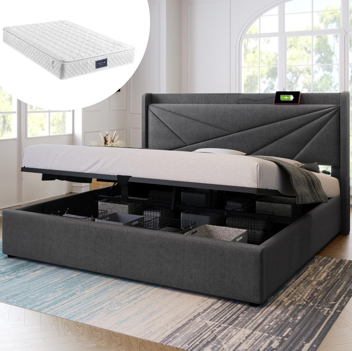 POLSTERBETT 160/200 cm mit Matratze USB-, Typ-C-Anschluss, Bettkasten und geometrischem Kopfteil, Grau - Grau, Textil (160/160cm) - Redom