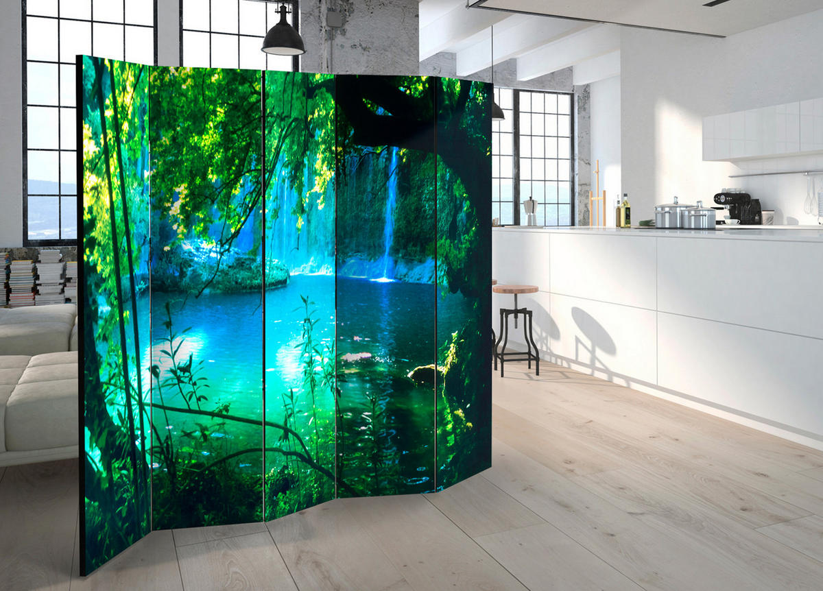 PARAVÁN Obojstranný 5-dielny 225x172 cm Vodopády Príroda 3D - modrá, drevo/textil (225/172/3cm) - Muralo