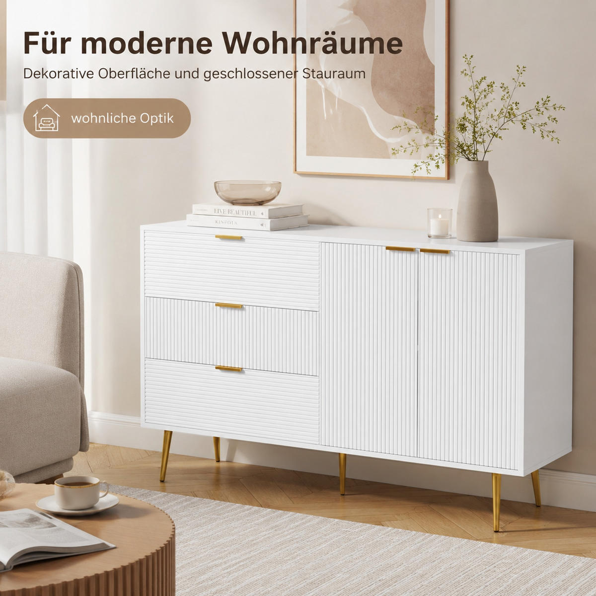 SIDEBOARD z MDF, 120/38/80,5 cm bílý/zlatý se 3 zásuvkami a 2 dvířky - bílá, kompozitní dřevo (120/80.5/38cm) - Modenvie