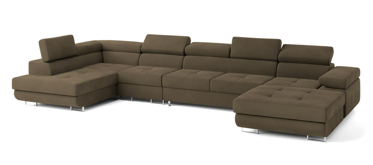 WOHNLANDSCHAFT VELORA L-S Beige Velours-Stoff mit Schlaffunktion - Beige, Holz (419/90/202cm) - MASSENO
