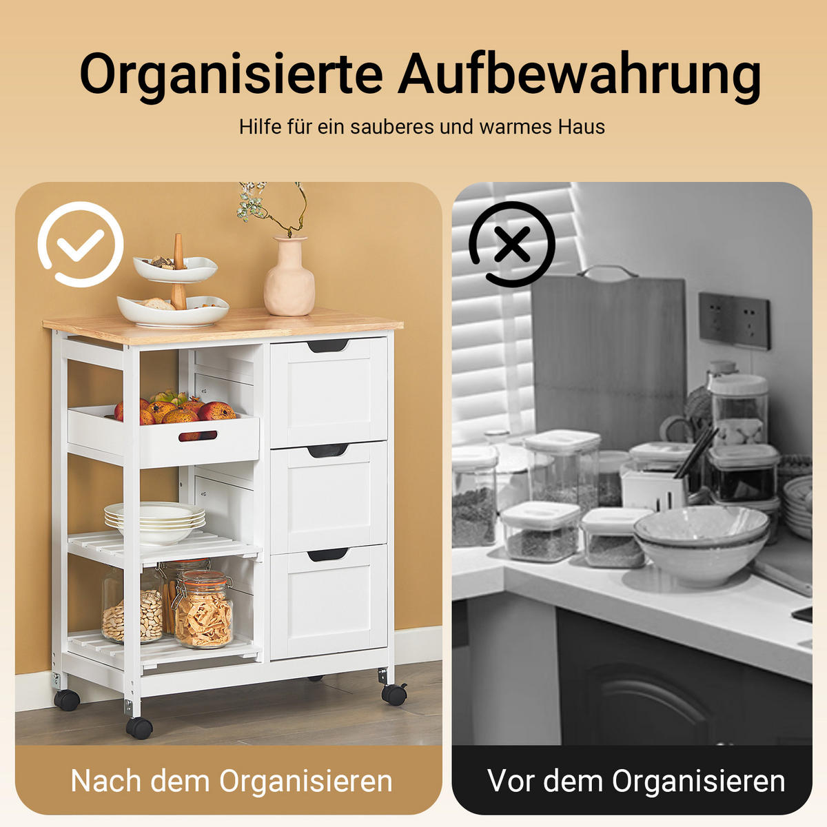 SERVIERWAGEN mit Rollen, Weiß, 68x85x38cm, bis 50kg - Weiß, Holzwerkstoff (68/85/38cm) - SoBuy