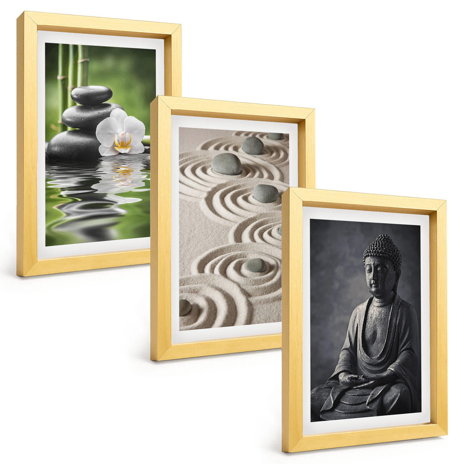 BILDER SET 3er Set - 20x30 cm Goldrahmen - Entspannender Blick auf den Zen-Buddha - Goldfarben, Kunststoff (20/30cm) - TULUP