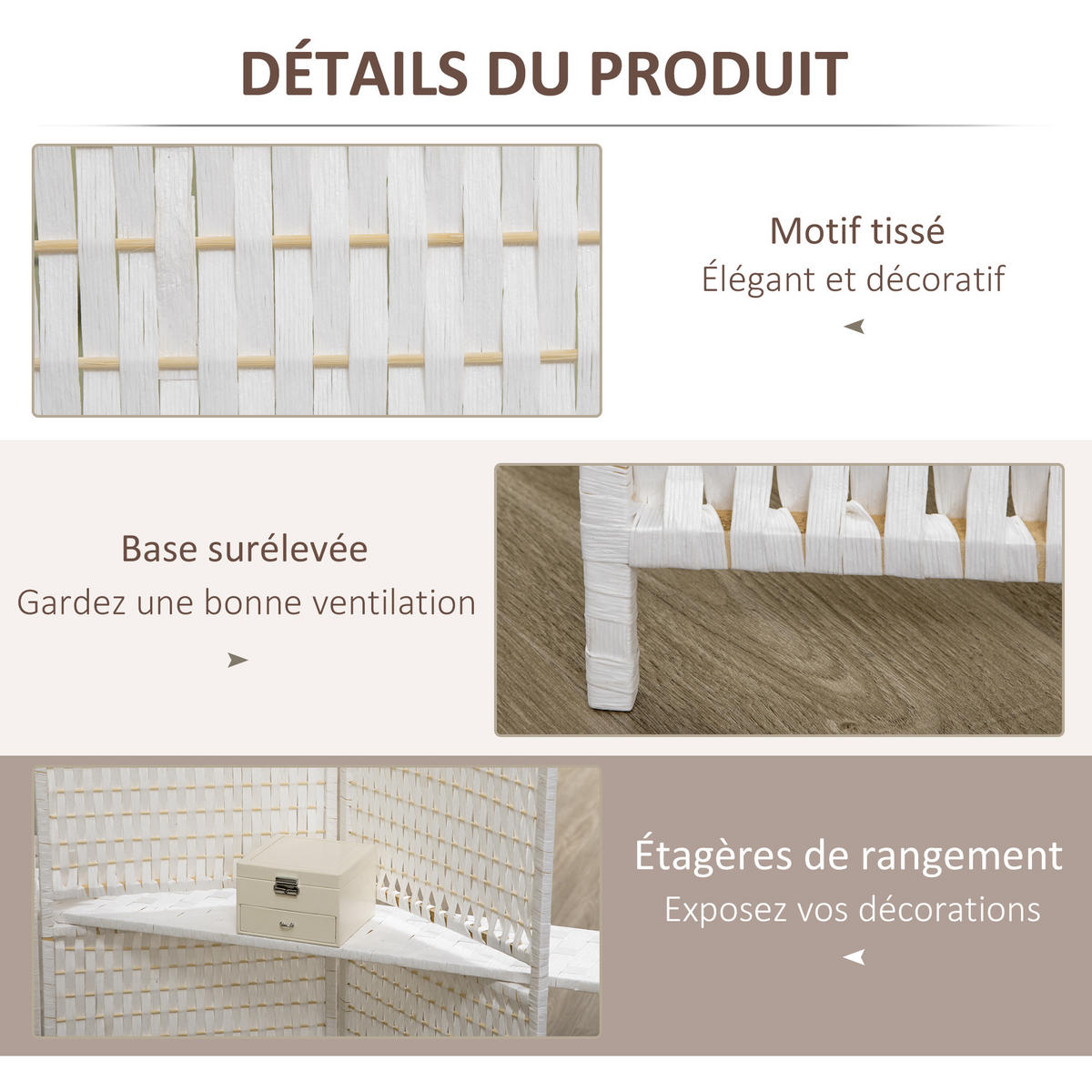 PARAVENT DE-14243 4 Paneele, 2 Regalböden, klappbar Weiß - Weiß, Papier (181/180/1.6cm) - ComfortXL