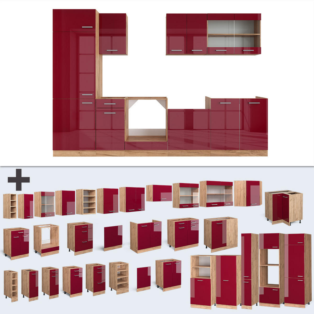 KÜCHENZEILE R-Line Rot Hochglanz/Goldkraft Eiche 300 cm ohne Arbeitsplatte - Honigeiche/Rot, Holzwerkstoff (300/81.6/46cm) - Vicco