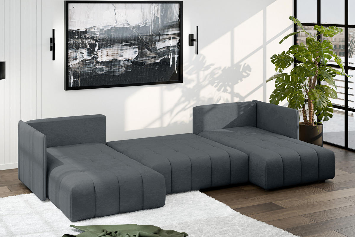 WOHNLANDSCHAFT Mersino Grau 353/180/83 cm – Wohnlandschaft fürs Wohnzimmer - Schwarz/Grau, Kunststoff/Textil (353/83/180cm) - AX Living