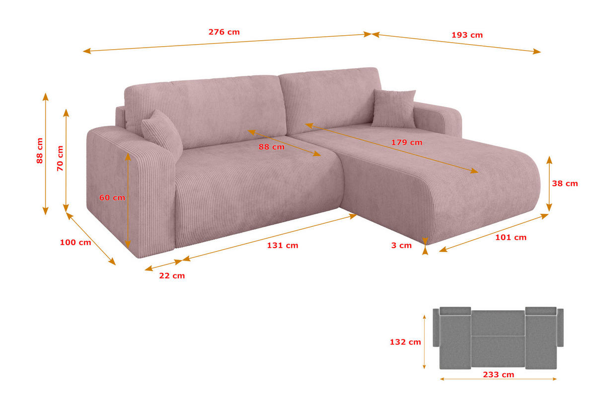 ROHOVÁ SEDAČKA s funkcí spaní, otoman vpravo BERY-L 276x193x88 růžová manšestr - růžová/černá, kompozitní dřevo/textil (276/193cm) - ALTDECOR
