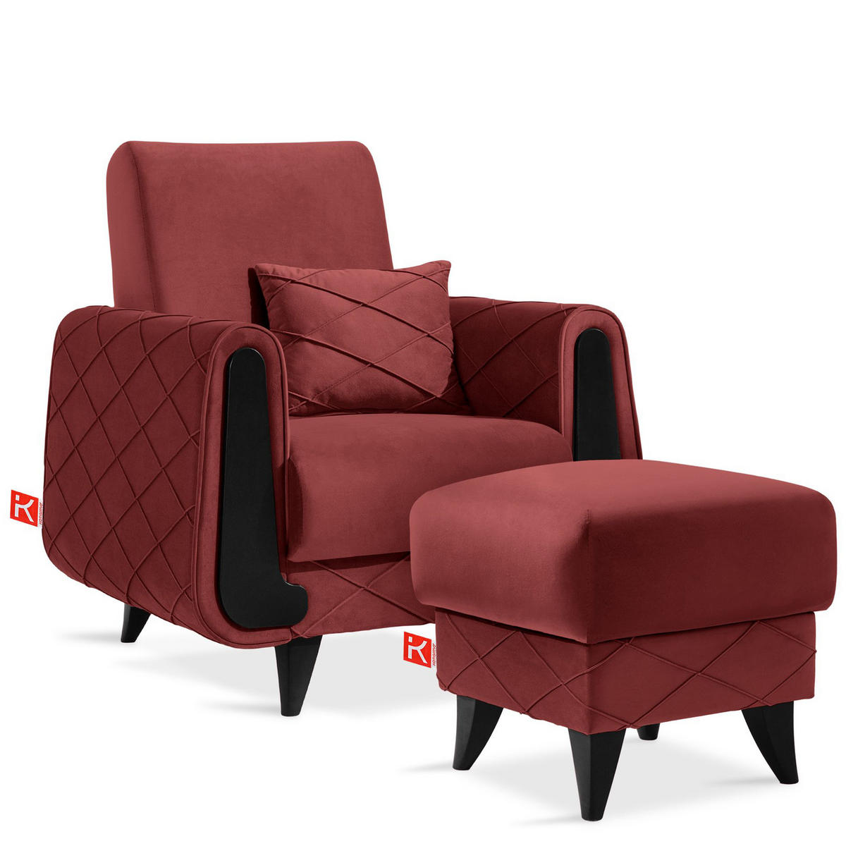 HOCKER GUSTAVO III Fußstütze, Velours, Bordeaux - Bordeaux, Holz/Holzwerkstoff (53/49/53cm) - KONSIMO®