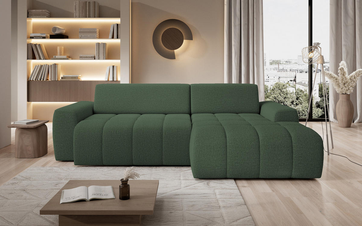 ECKSOFA Savio Freistehend, mit Abriebfestem Kansas-Stoff, Maße 265x172x81 cm, Ausziehbare Sitzfläche 206x92 cm, Rechte, – Grün - Grün, Holz/Textil (265/172cm) - DomoHome