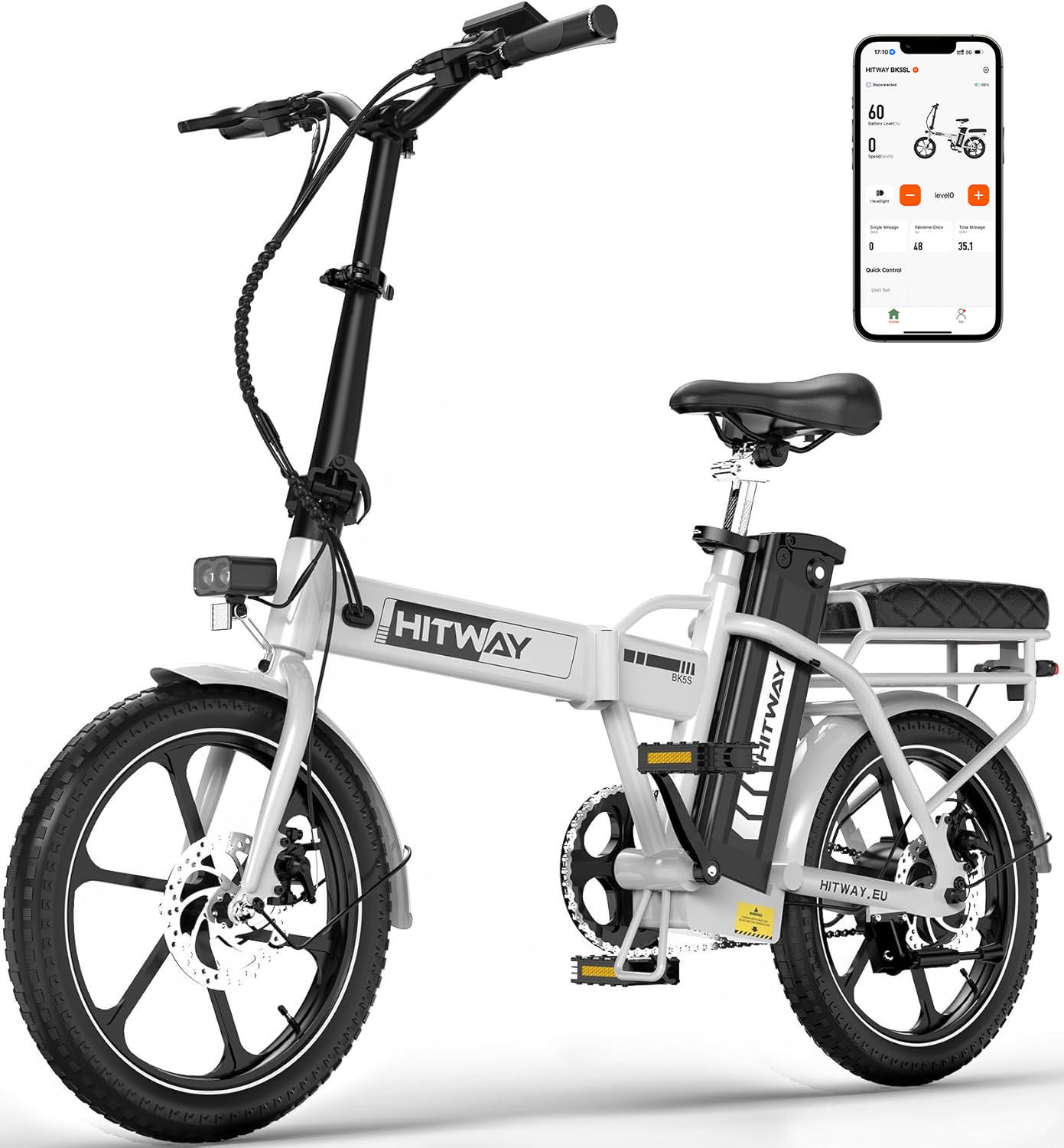 E-BIKE BK5SL Faltbar mit 36V 13Ah Akku und 3 Gang Modus - Weiß, Metall (64cm) - HITWAY