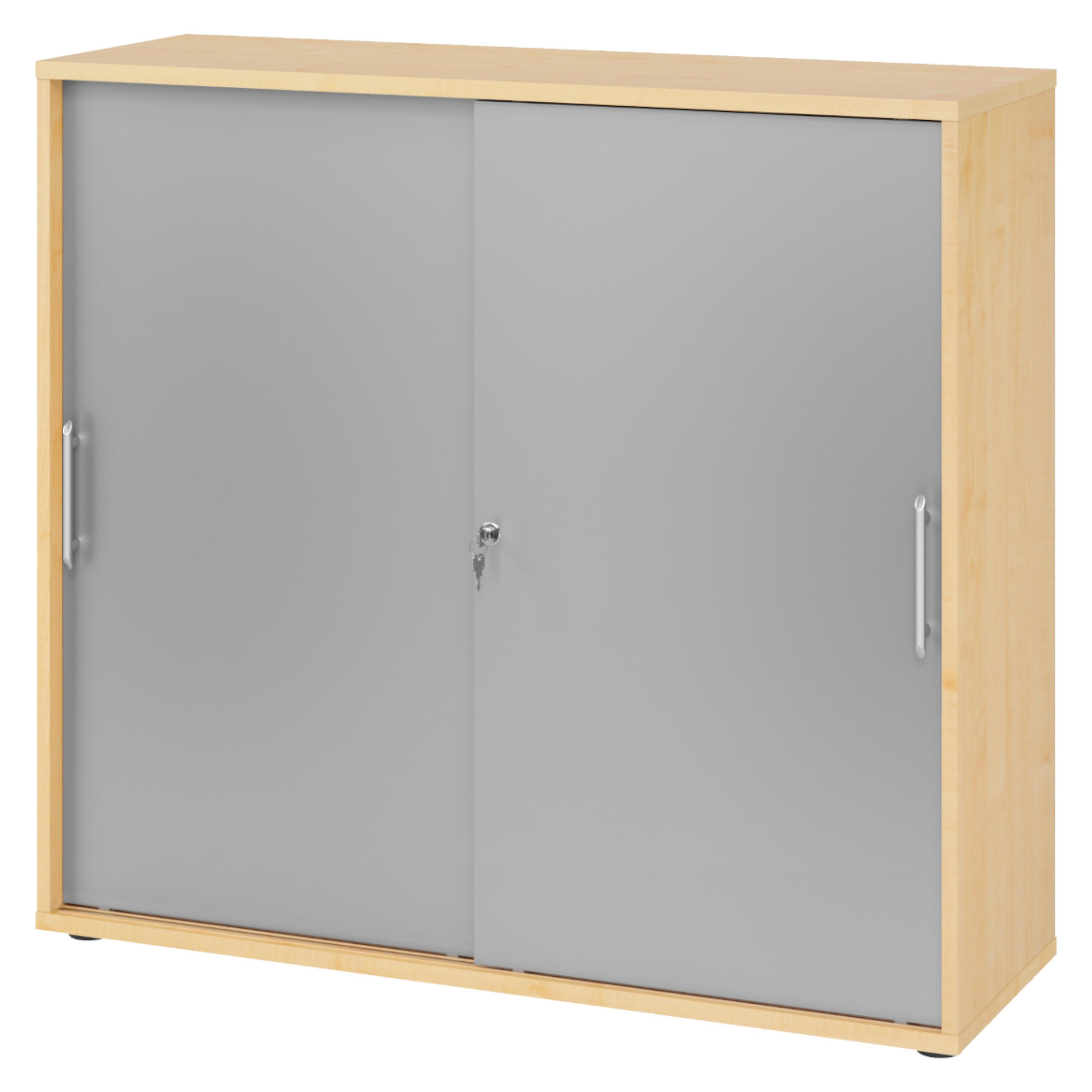 SCHIEBETÜRENSCHRANK - 3 Ordnerhöhen 40/120/110 cm in Ahornfarben/Silberfarben Relinggriff (Kunststoff) - Silberfarben/Ahornfarben, Holzwerkstoff (120/110/40cm) - bümö