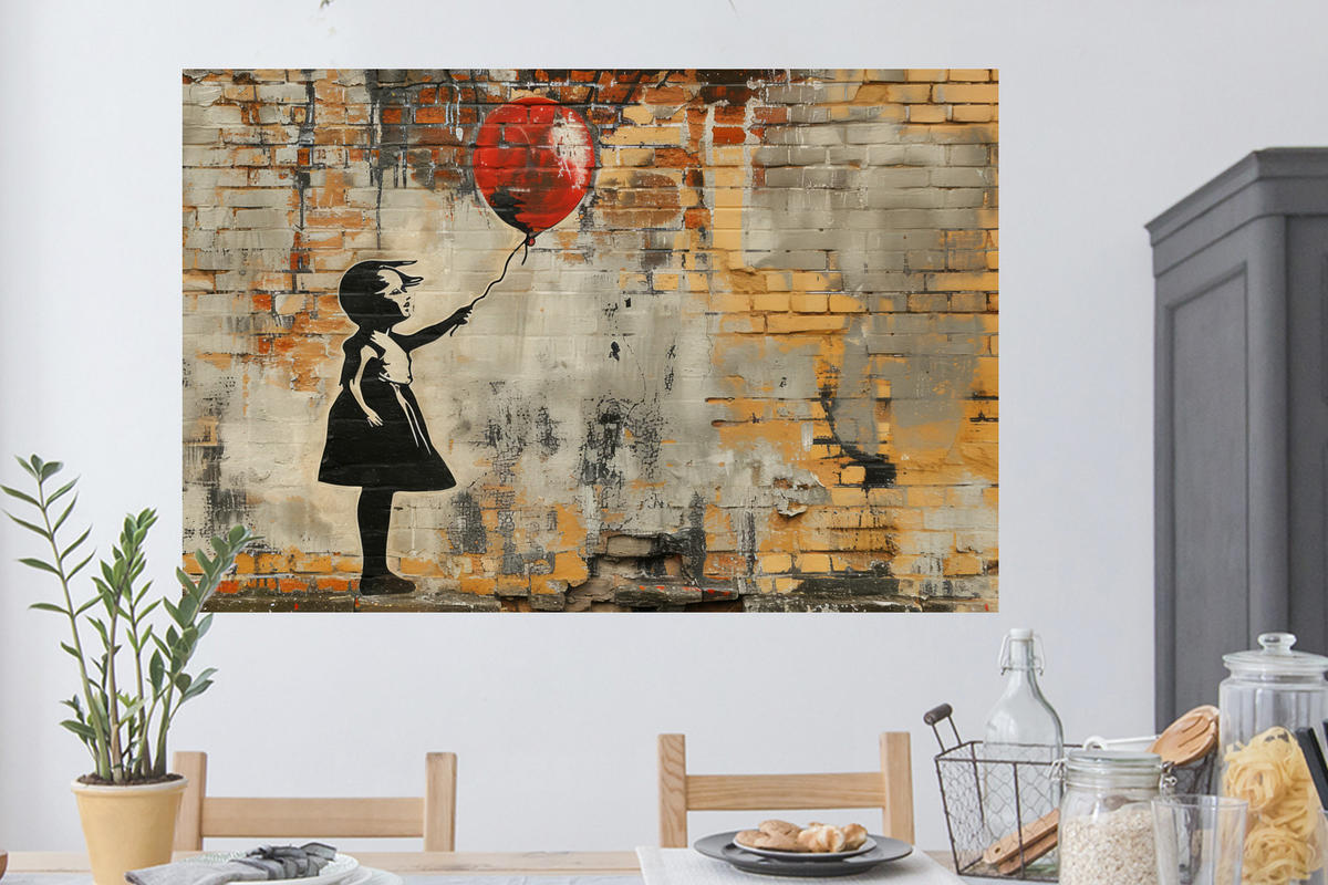 WANDTATTOO Graffiti - Banksy - Mädchen - Straßenkunst 120x80 cm - Sandfarben, Kunststoff (120/80/0.1cm) - MuchoWow