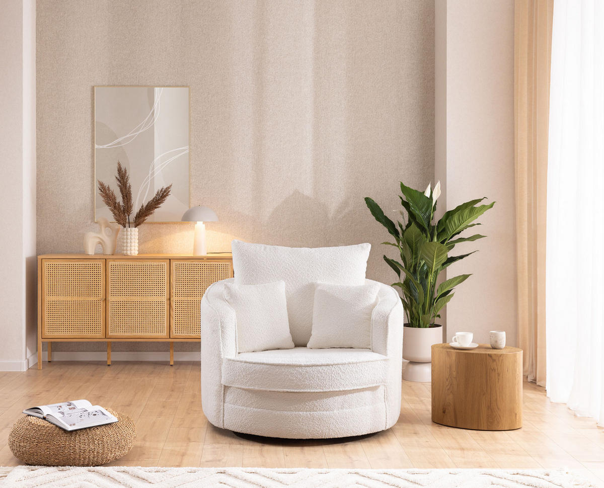DREHSESSEL Ted aus Weiß Boucle-Stoff - Schwarz/Weiß, Holz/Textil (107/94/100cm) - S-Style Möbel