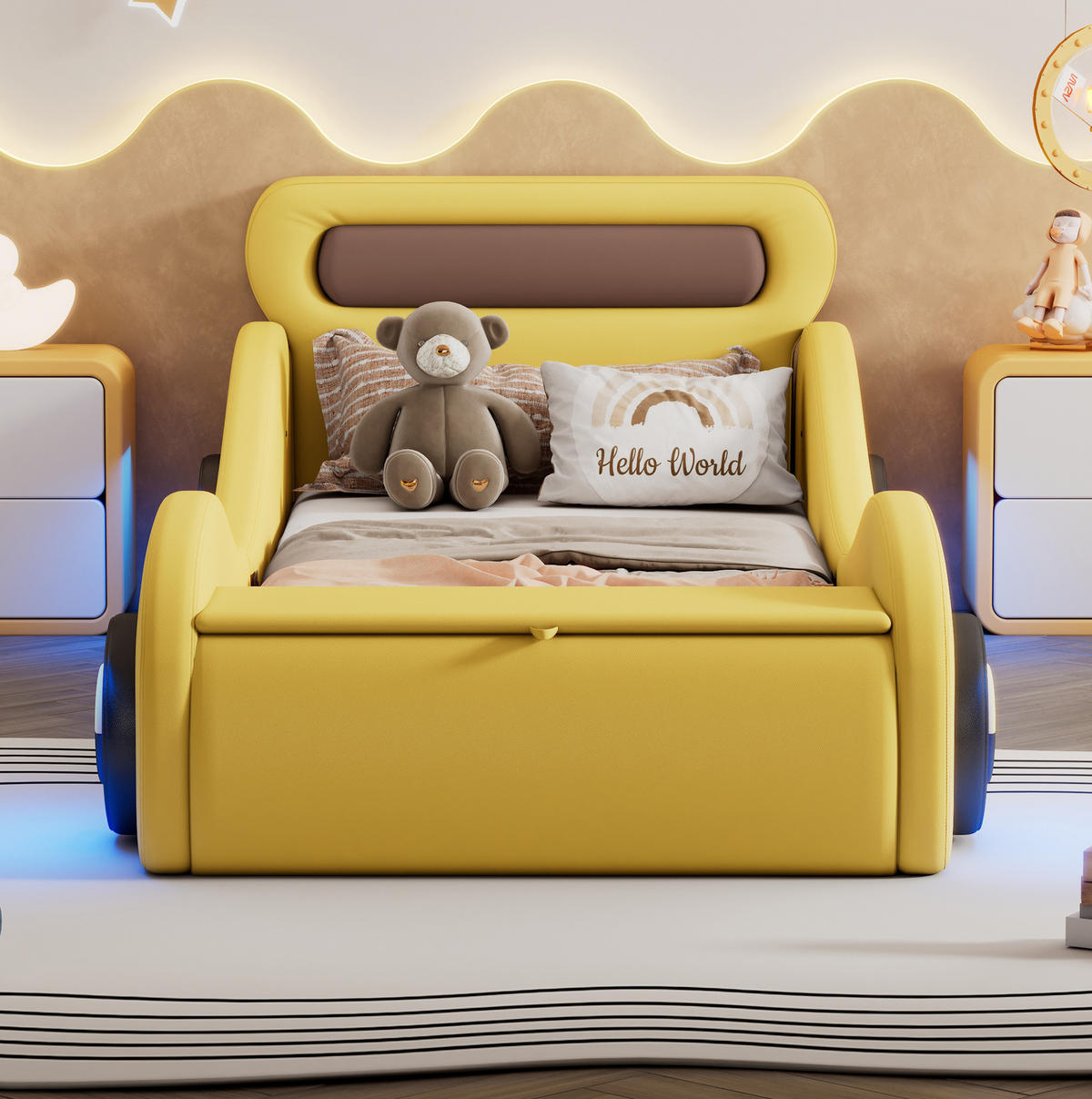 KINDERBETT Kindereinzelbetten 90/200 cm in Autoform mit LED-Lichträdern und Stauraumfach, Gelb - Gelb, Kunststoff (90/200cm) - Redom