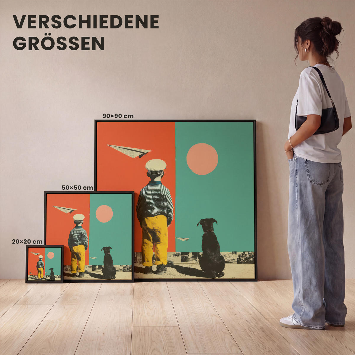LEINWAND Bilder mit Rahmen - Retro - Junge - Hund - Rot - Grün - 90x90 - Orange, Textil (90/90cm) - MuchoWow