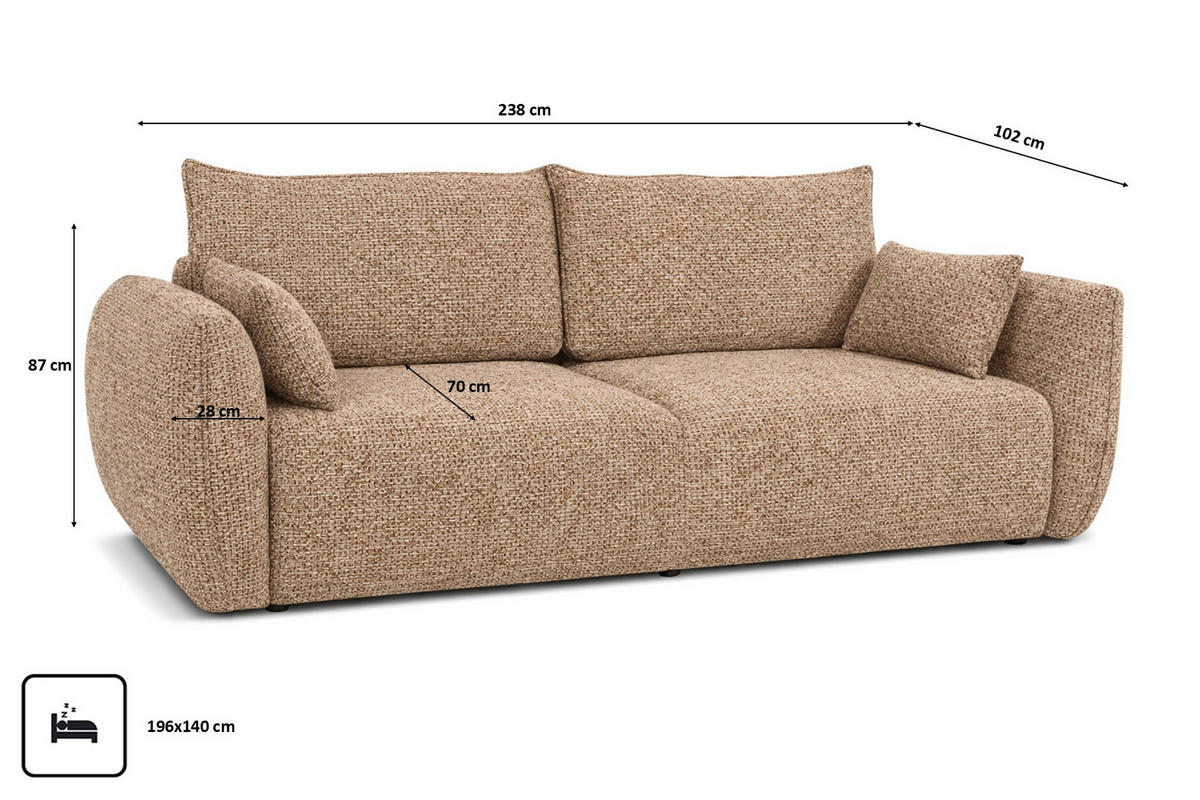 SOFA Mit Schlaffunktion Und Bettkasten, Chenille-Stoff Artico, Beige, Zephira - Beige, Holz (238/87/102cm) - Kaiser Möbel