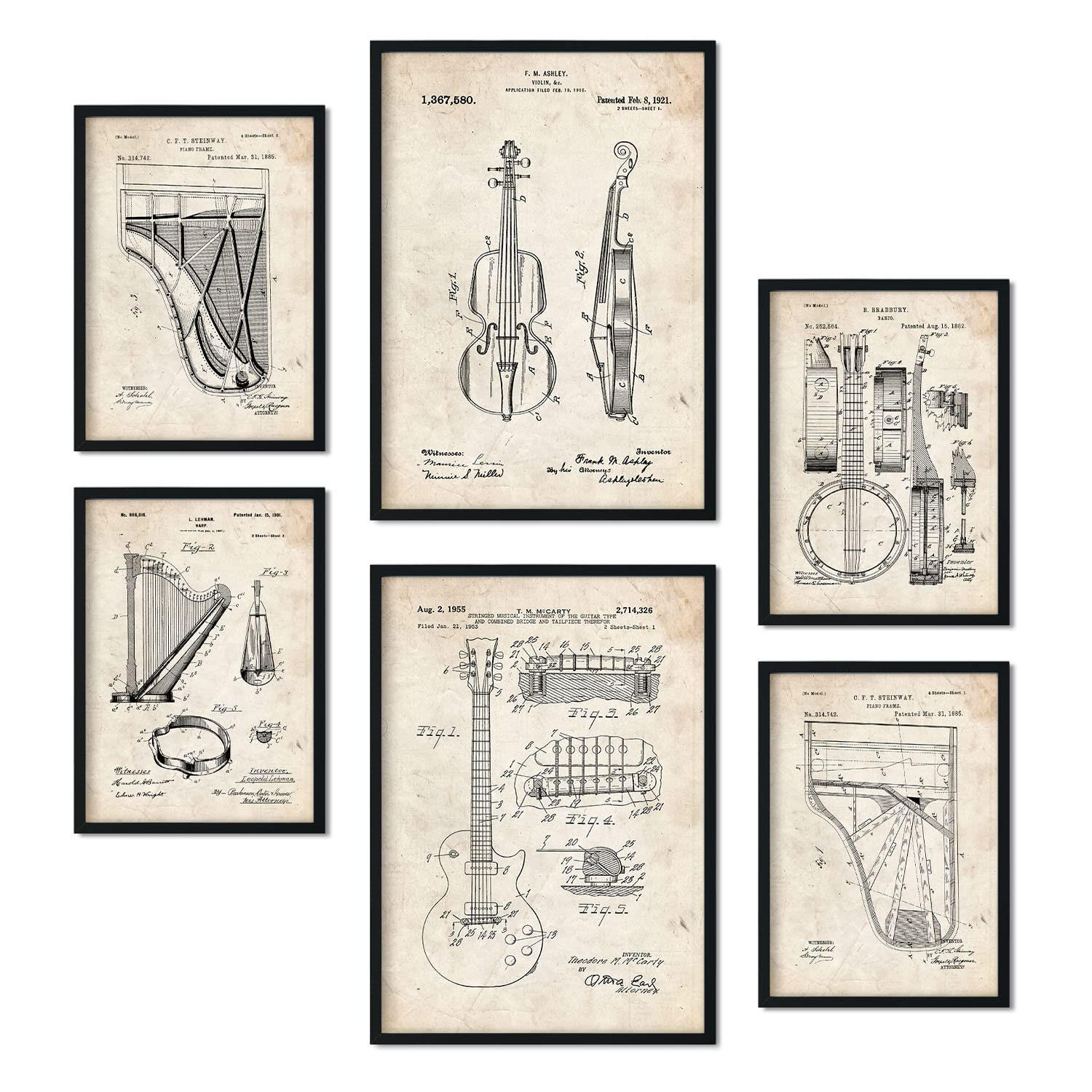 POSTER Set Mit 6 Plakaten Mit Saiteninstrument Patenten Im Vintage Stil A3 & A4 Schwarzer Rahmen - Schwarz, Papier (29/3cm) - Nacnic