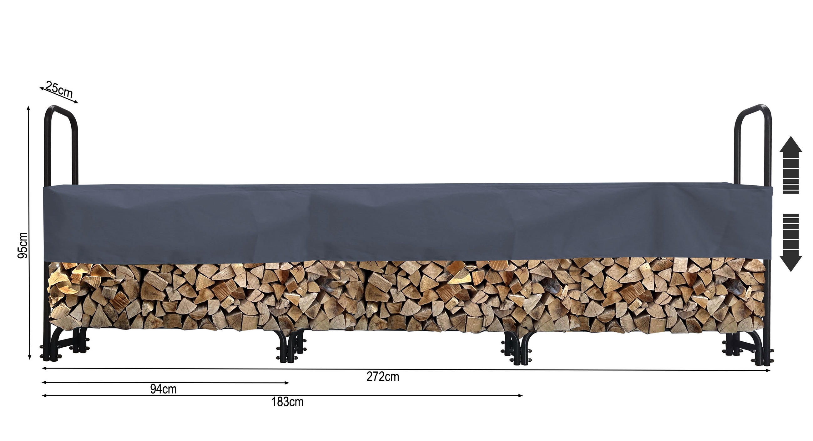 KAMINHOLZREGAL Außen 272x25x95 cm Metall Anthrazit mit Schutzhülle Grau 1 m³ / 1,5 SRM - Anthrazit/Schwarz, Metall (272/95/25cm) - QUICK STAR