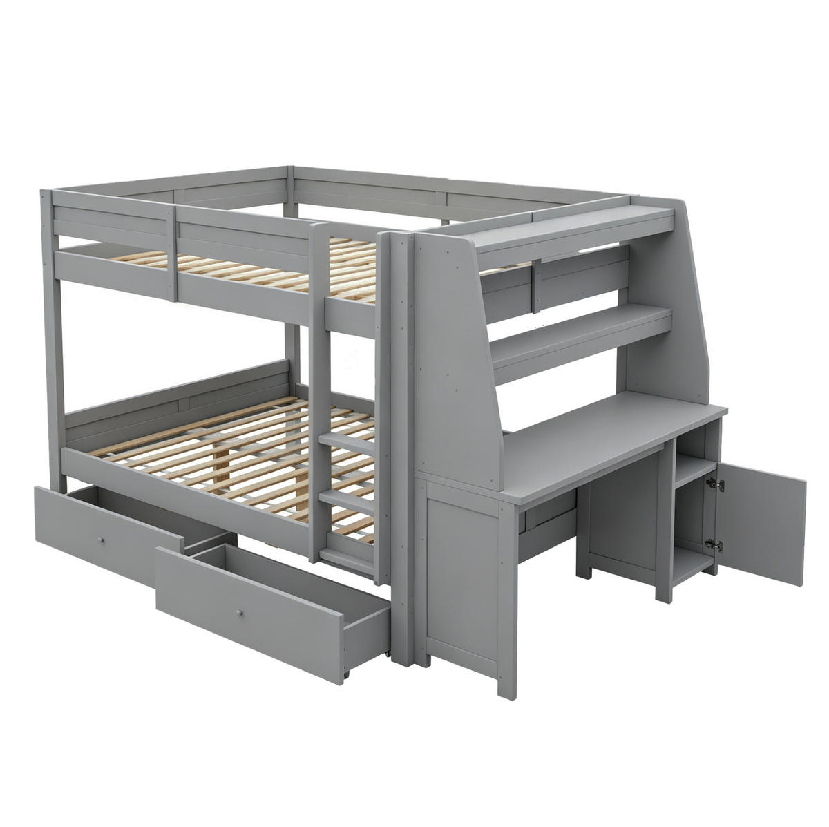 ETAGENBETT aus Holz 140x200 cm Grau mit Schreibtisch, Stauraum, Schubladen und Sicherheitsgeländer - Grau, Holz (140/200cm) - Modfu