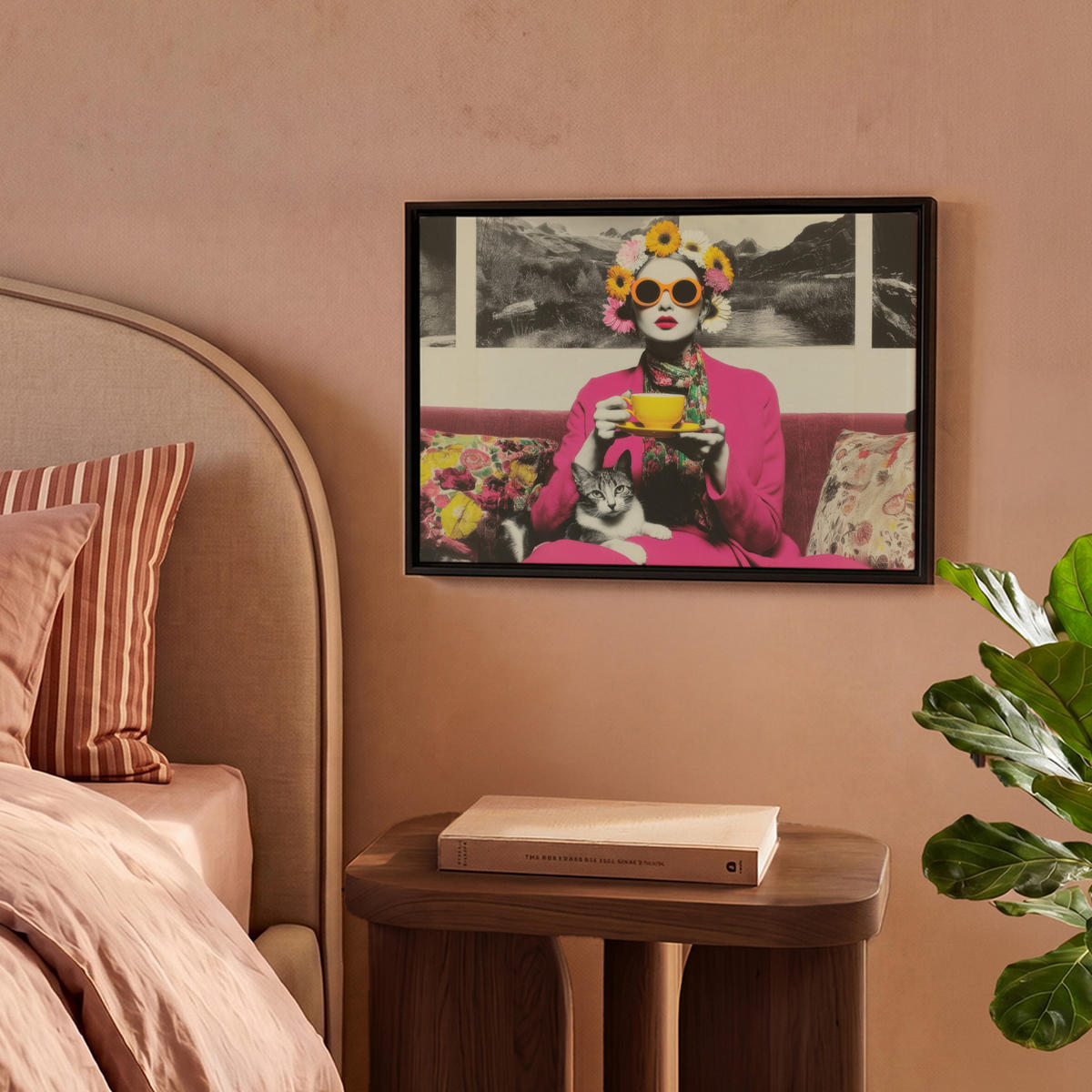 LEINWAND Bilder mit Rahmen - Frau - Katze - Blumen - Tasse - Retro - 40x30 - Magenta, Textil (40/30cm) - MuchoWow