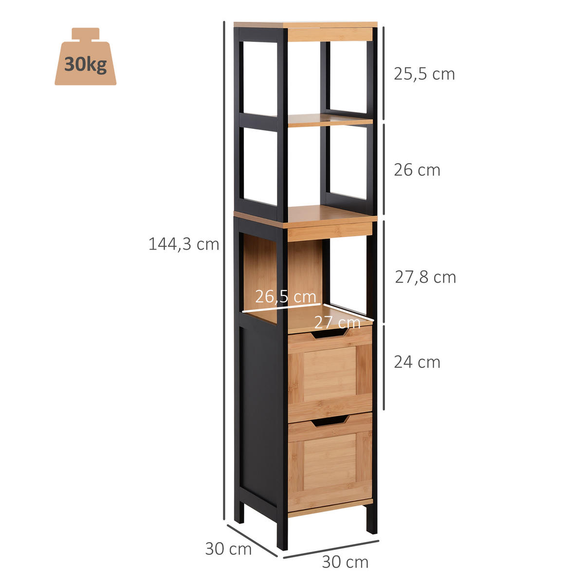HOCHSCHRANK DE-12337 30/30/144 cm Schwarz - Braun, Holzwerkstoff (30/144/30cm) - ComfortXL