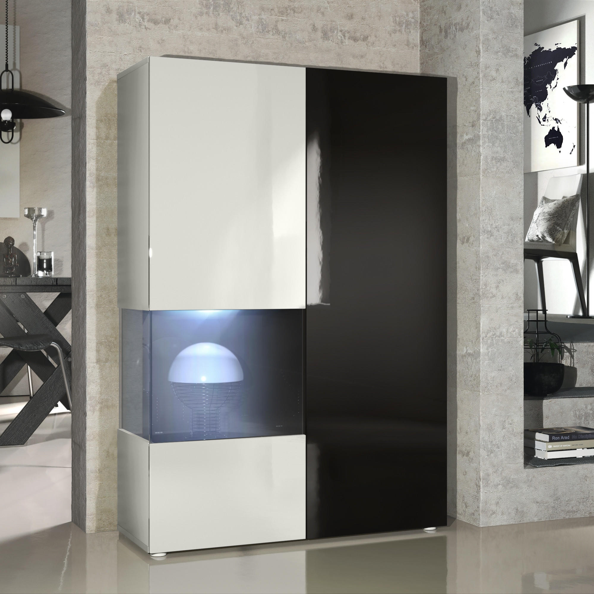 VITRINE Morena Tür und Einsatz in Schwarz Hochglanz - Schwarz Hochglanz, Holzwerkstoff (91.5/136.5/37cm) - Vladon