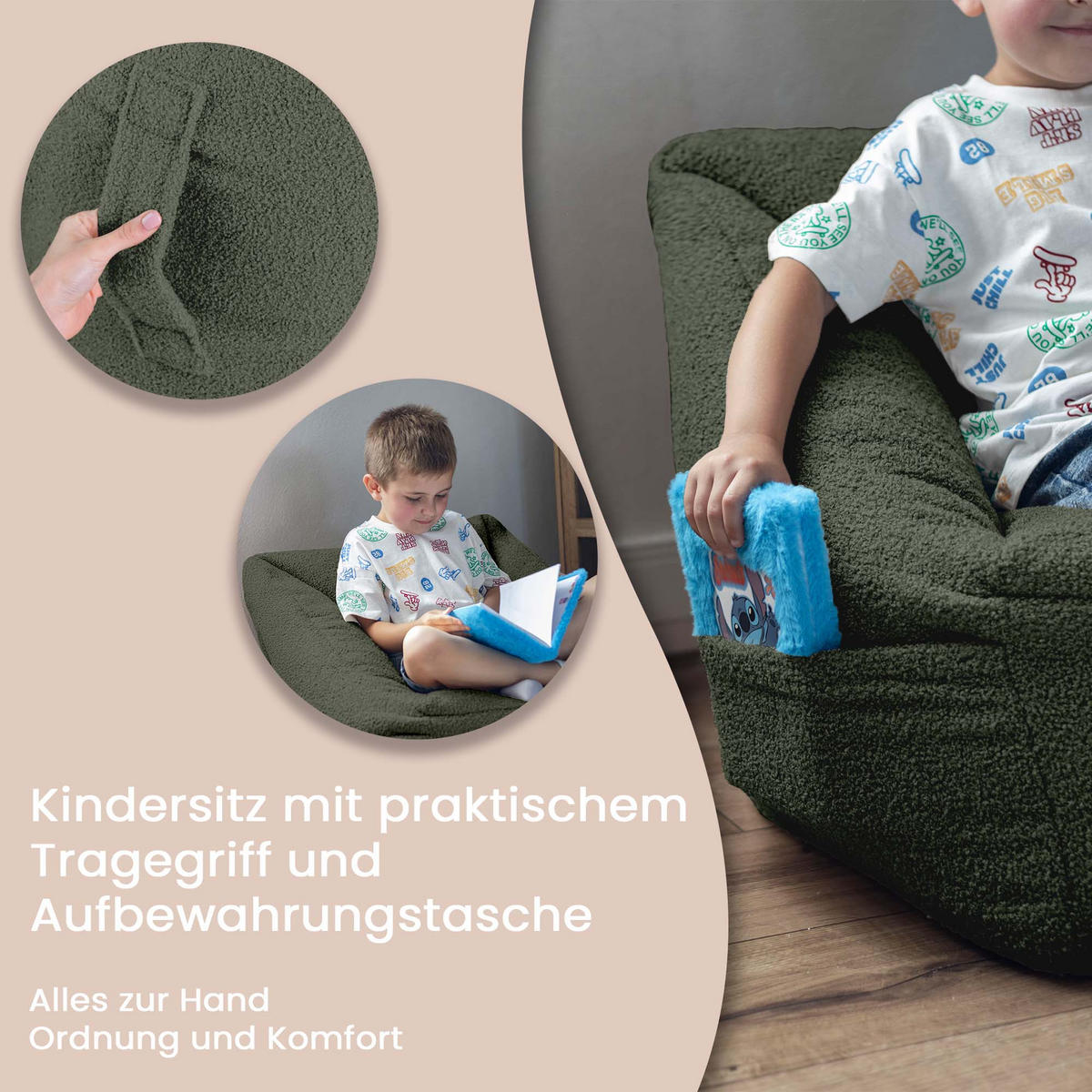SITZSACK-SESSEL Bambino 55/60/55 cm, weicher Bouclé 315 g/m², mit Griff & Seitentasche, Grün - Grün, Textil (55/55/60cm) - Dreamroots