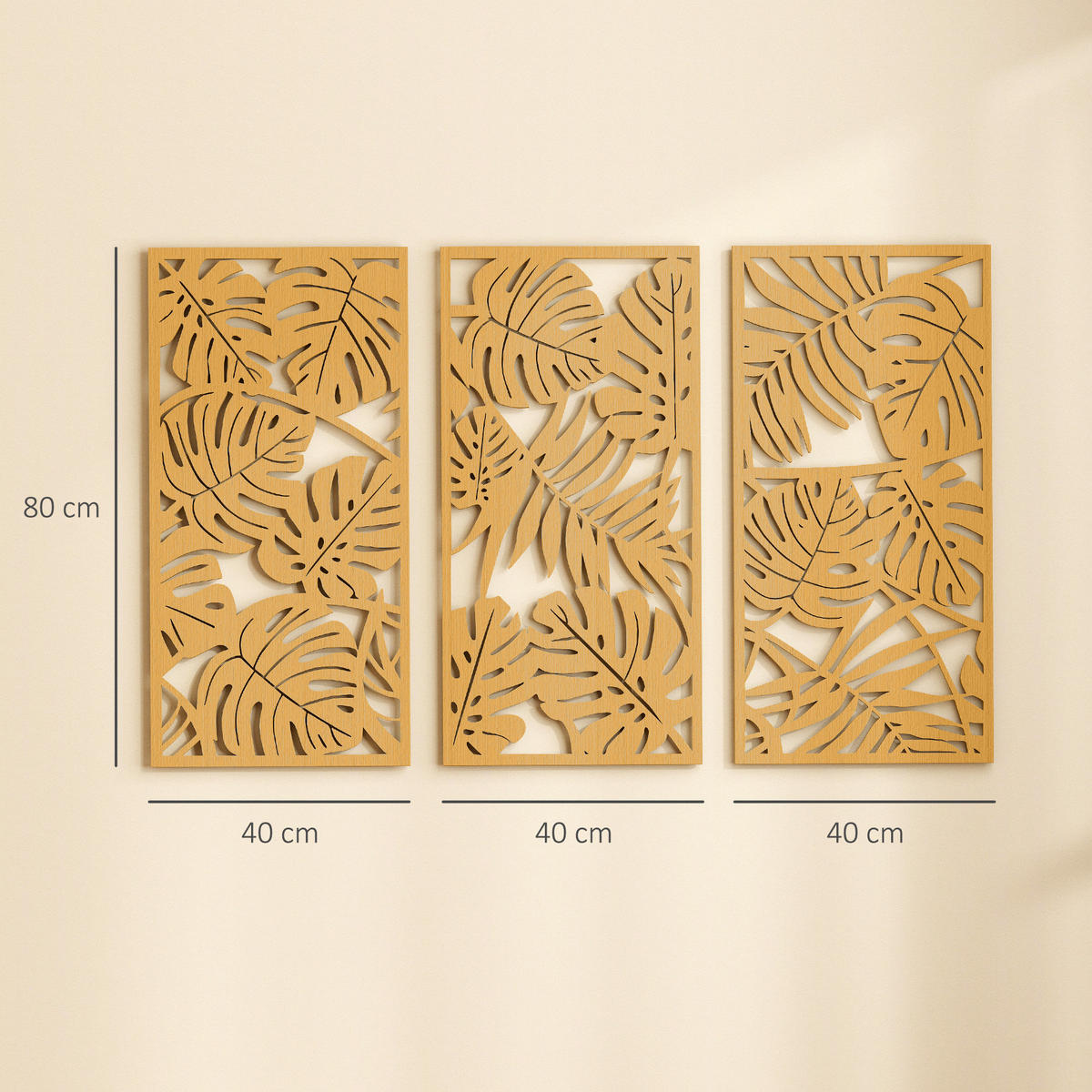 WANDDEKO 3er-Set DE-14365 3D Blätter tropisch Naturholz - Naturfarben, Holzwerkstoff (0.9/80/40cm) - ComfortXL