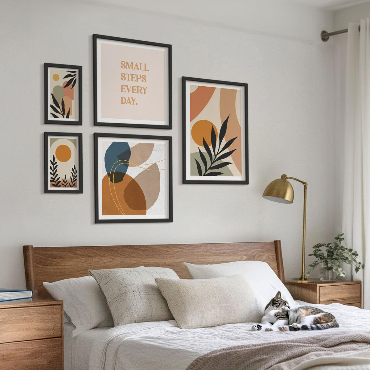 BILDER SET 5er Set - 50x50 cm & 20x30 cm & 40x60 cm Schwarzer Rahmen - Moderne Pflanzenmotive - Schwarz, Kunststoff (40/60cm) - TULUP