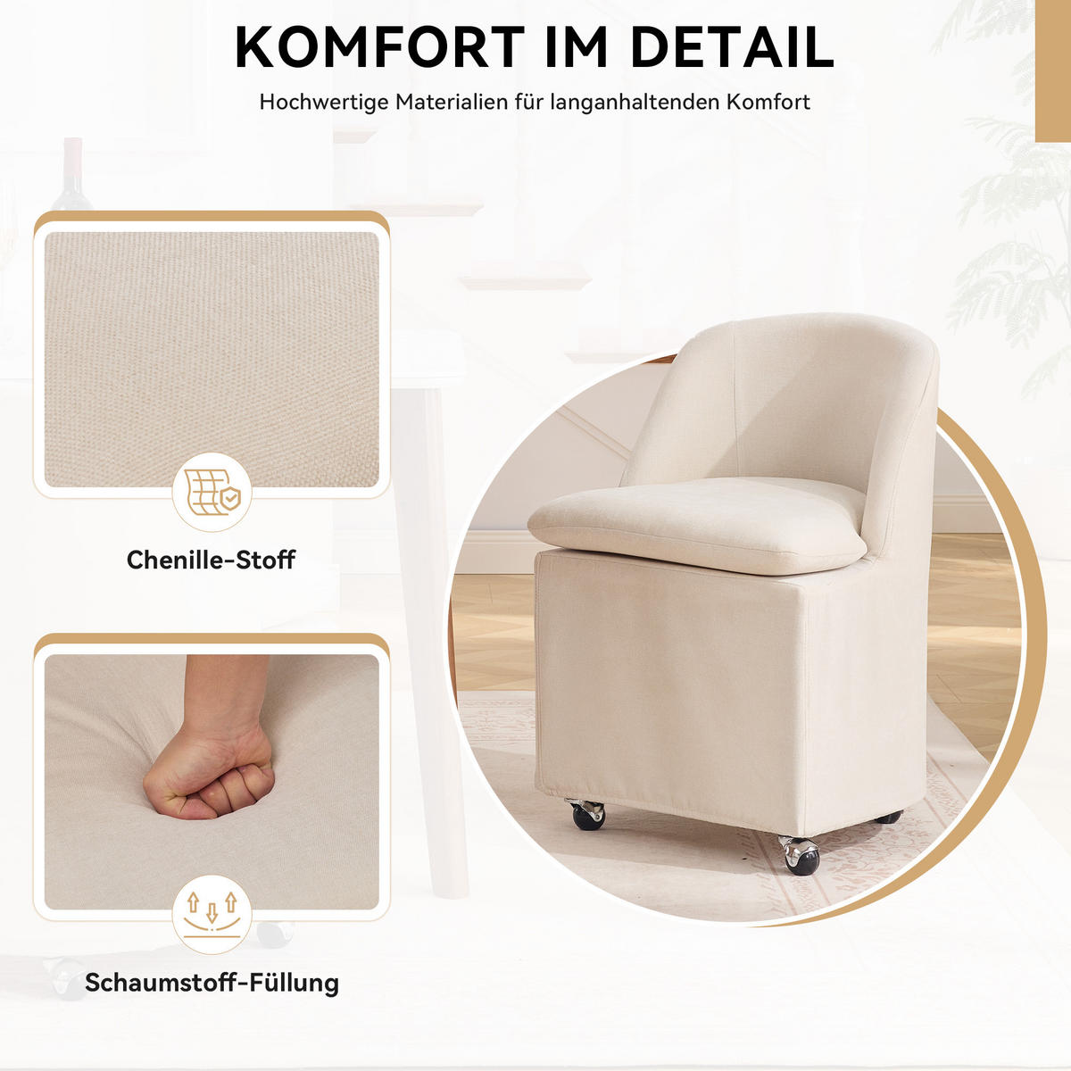 POLSTERSTUHL DE-36250 2er-Set mit Universalrollen Beige - Beige, Metall (53/78.5/53.5cm) - ComfortXL