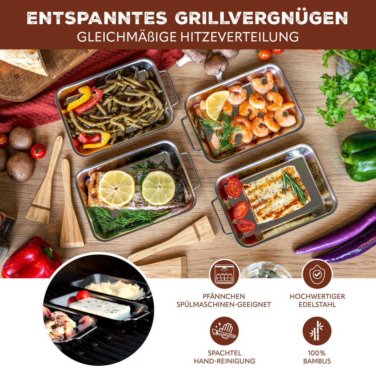 GRILLPFANNE 4er-Set, Edelstahl - Edelstahlfarben, Metall (13/2.5/19.5cm) - bremermann