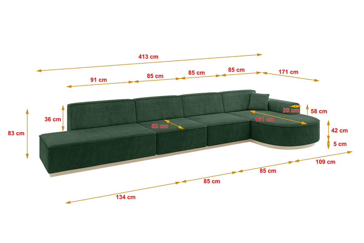 ECKSOFA Ottomane Rechts ARRIO-L3 - 413x171x83 cm Grün - Grün, Holzwerkstoff/Textil (413/171cm) - ALTDECOR