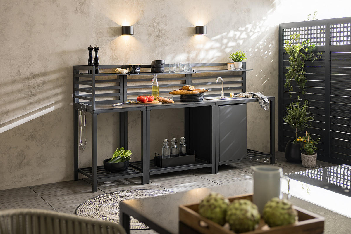 GARTENKÜCHENECKTISCH - Aluminium / Kunststoff - Schwarz - Schwarz, Kunststoff/Metall (62/60/127cm) - home24