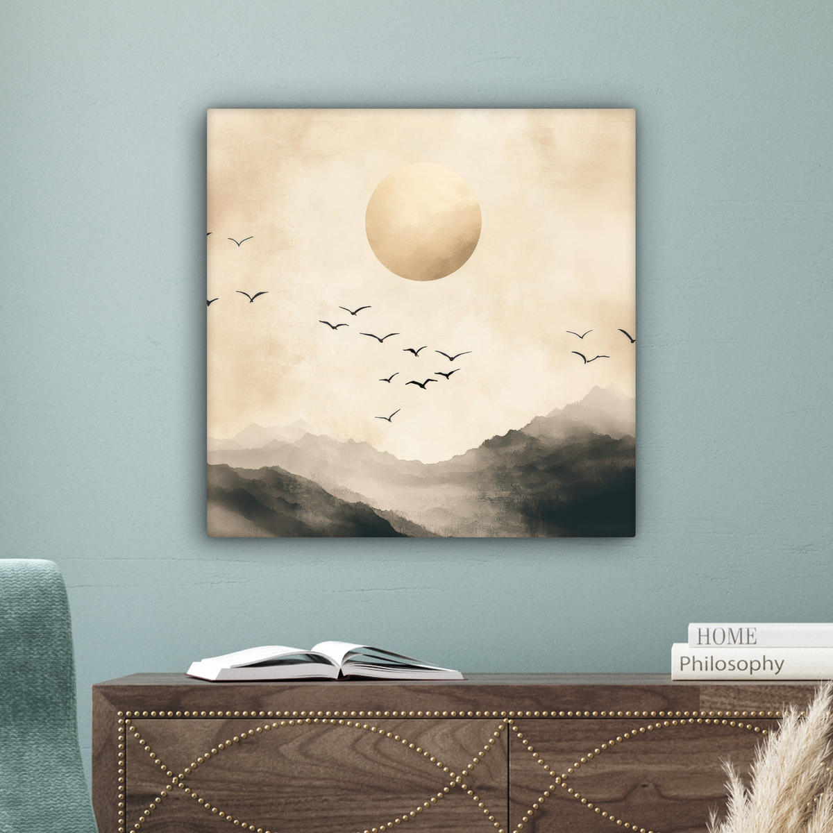 LEINWANDBILD Landschaft - Japandi - Vogel 50x50 cm - Beige, Textil (50/50cm) - MuchoWow