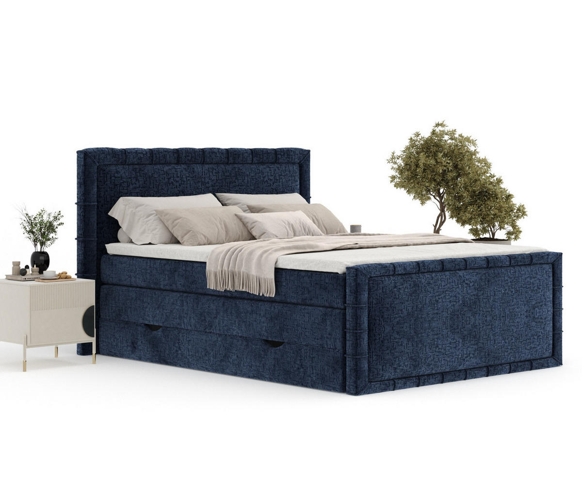 BOXBETT Estelle Marineblau 200/200 cm im Chenille-Stoff - Schwarz/Dunkelblau, Holz/Holzwerkstoff (200/200cm) - Maison de Reve