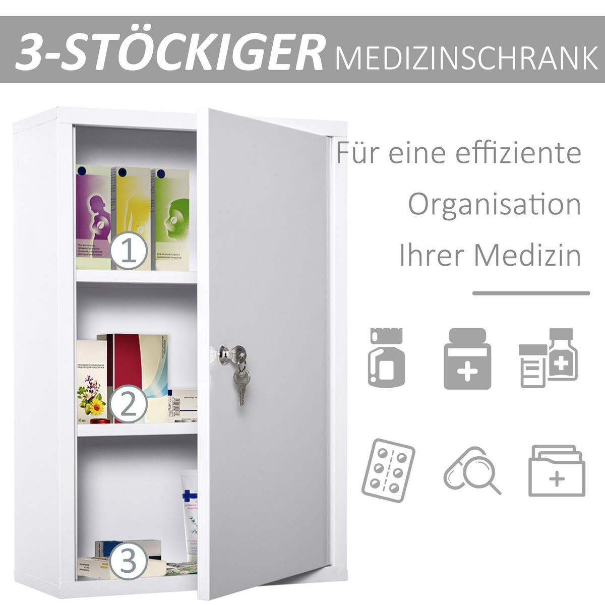 MEDIZINSCHRANK mit Schloss, 3 Fächer, Stahl, Weiß - Weiß, Metall (18/60/40cm) - Kleankin